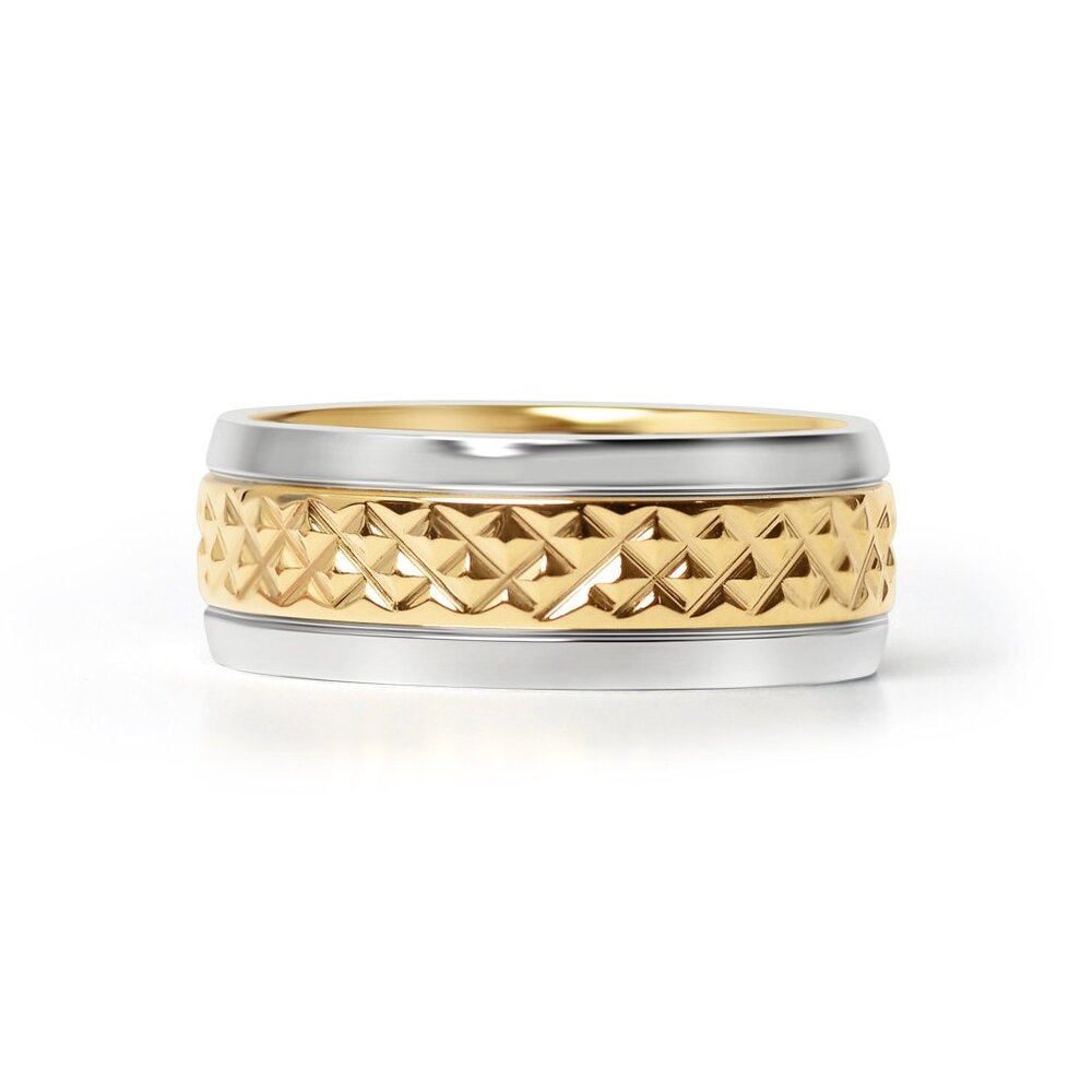 18K Gold PVD Stainless Steel Diamond Pattern Inlay with Polished Trim Ring